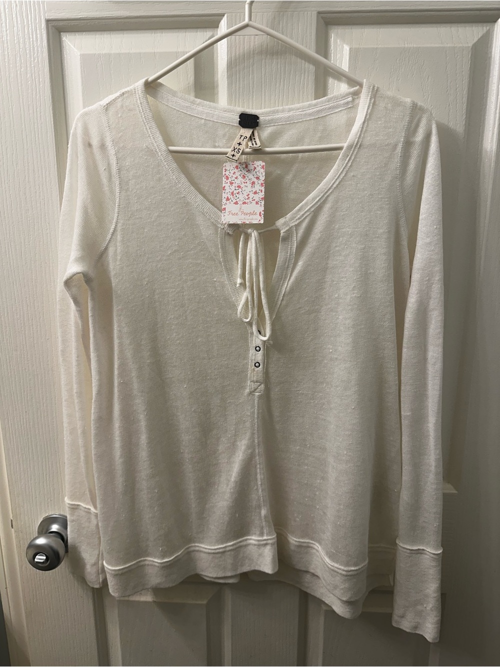 Free People Ivory Lace-Up Henley Long Sleeve Tee